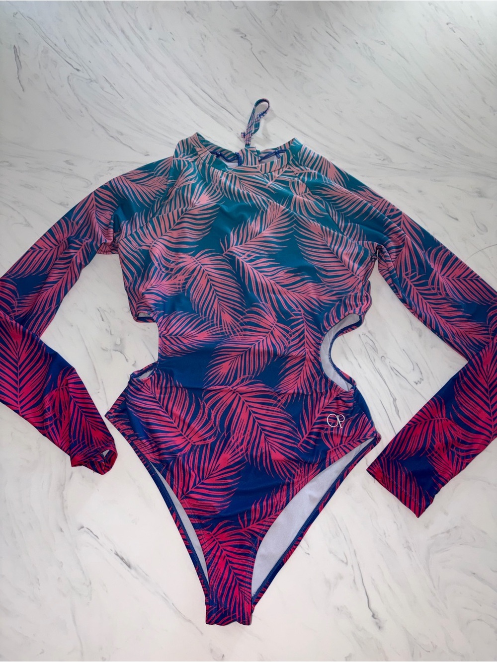 Op palm frond bathing suit zip long sleeve one piece rash guard cutout m ombre